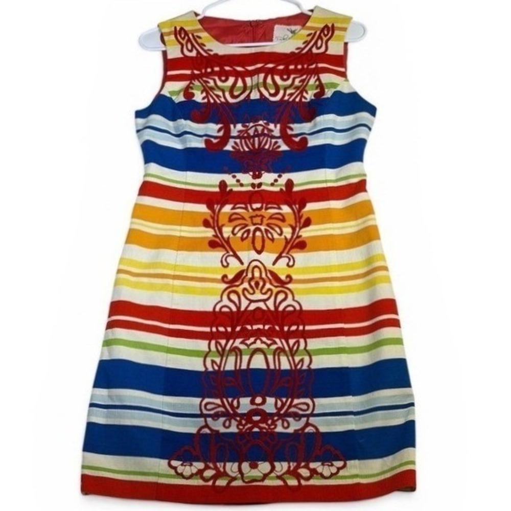 Tabitha Anthropologie Rainbow Striped Embroidered Shift Dress Size 6 Sleeveless